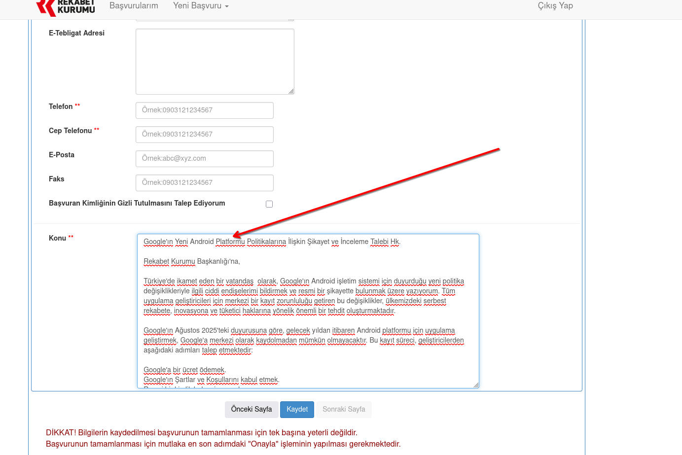 Kişisel bilgiler formu